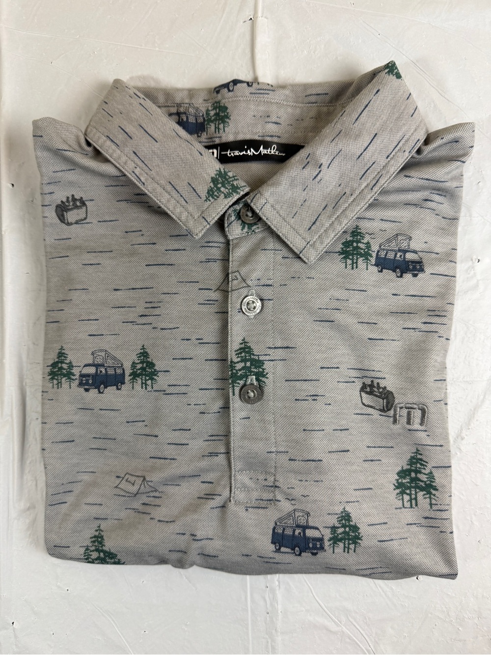 Travis Mathew Gray Polo with Navy Camper & Green Tree Print